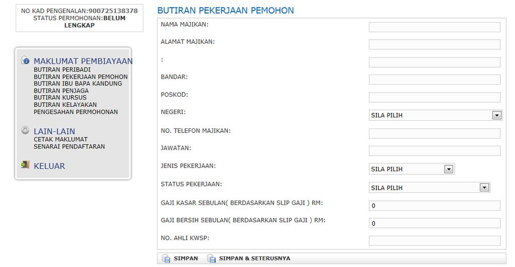 2. Fill in Butiran Pekerjaan Pemohon (ONLY if you are working