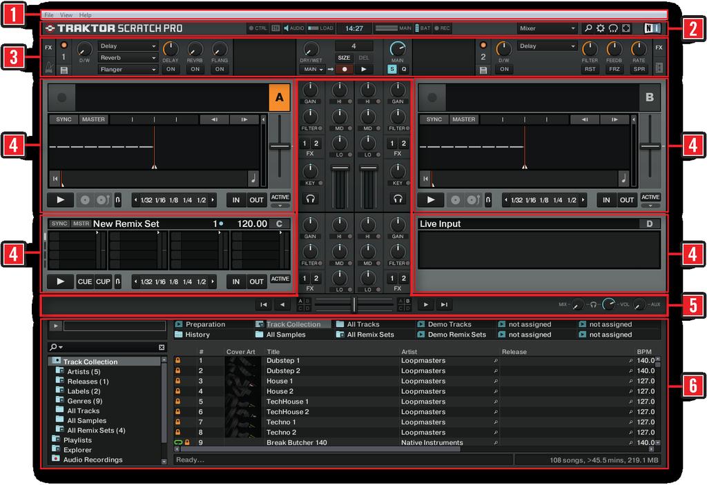 The User Interface (Overview) The Big Picture 4.1 The Big Picture The picture below shows the interface of TRAKTOR SCRATCH PRO.