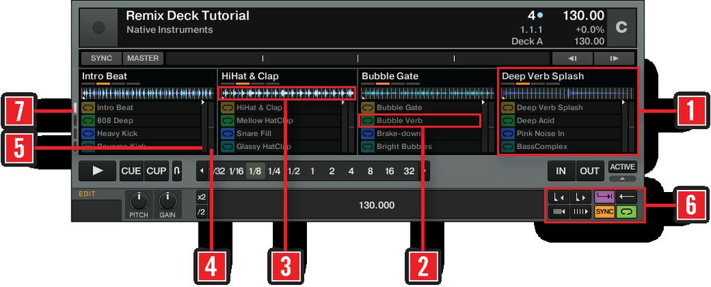 The User Interface (Overview) Interface Elements A Remix Deck. It provides you with four Sample Slots (1); each of them consists of 16 Sample Cells (2) and a Slot Player (3) on top.