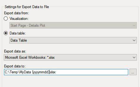 8 Data Table Library Path Select the data table that you want to export from the analysis file. Specify the library path and file name for saving the data table. Add a description for the data table.