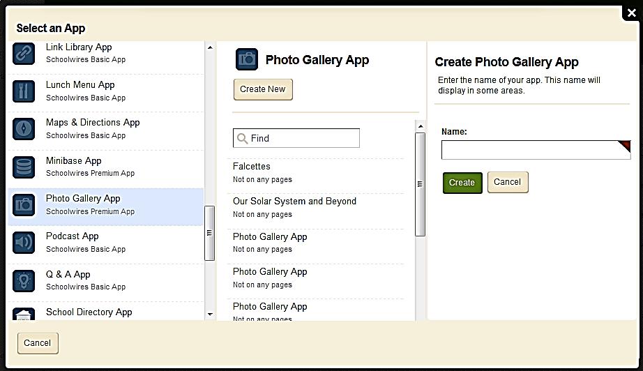 Click Add App. The Select an App list is displayed. Scroll down and click on the Photo Gallery App.