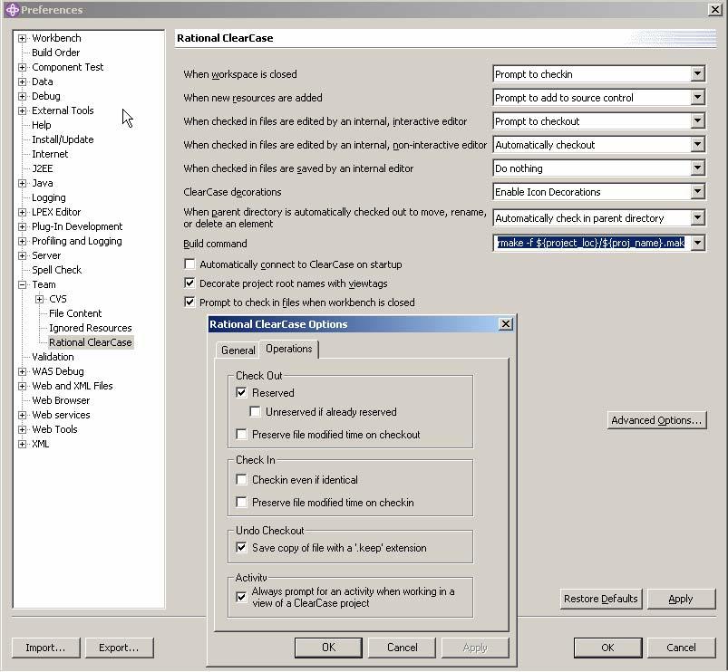 Figure 3: IBM WebSphere Studio Application Developer and Rational ClearCase integrated Preferences dialog box.