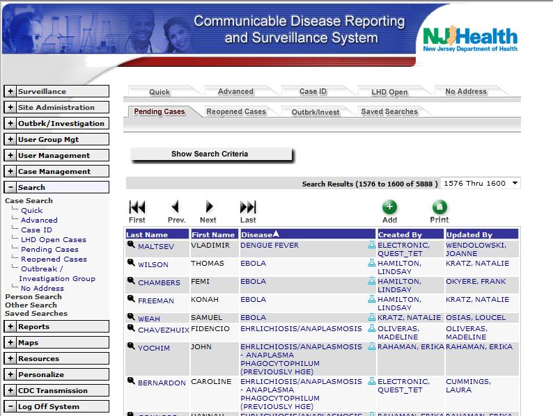 SECTION ONE: Accessing and Updating Information in an Existing Ebola Monitoring Case The New Jersey Department of Health Communicable Disease Service (NJDOH CDS) staff will create an Ebola report in