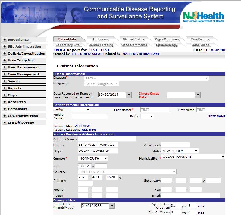 Tab One: Patient Info NJDOH will have entered the personal contact information on this tab.