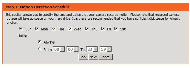 You may specify whether the camera should capture a snapshot or a video clip when motion is detected.