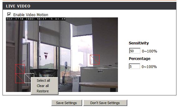 Enable Video Motion: Sensitivity: Percentage: Draw Motion Area: Erase Motion Area: Select this box to enable the motion detection feature of your camera.