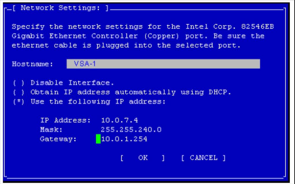 Figure 13 Selecting an interface to configure 4 Tab to the network interface and press Enter. The Network Settings window opens, shown in Figure 14. The cursor should be in the Hostname field.