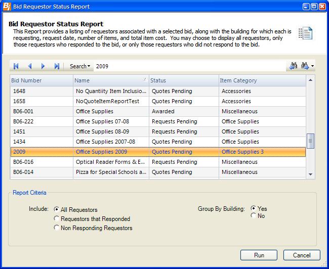 Bid Reports Bid Requestor Status The Bid Requestor Status Report provides a listing of requestors associated with a selected bid, along with the building for which each is requesting, request date,