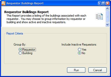 Bid Reports Requestor Buildings The Requestor Buildings Report provides a listing of the buildings associated with each requestor.