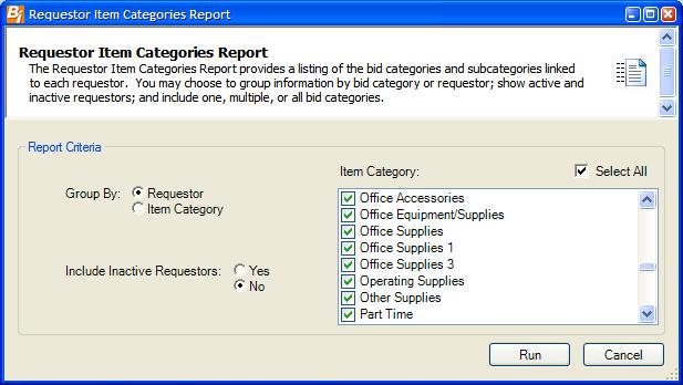 Bid Reports Requestor Item Categories The Requestor Item Categories Report provides a listing of the item categories and subcategories linked to each requestor.