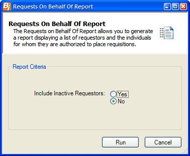 Bid Reports Requests on Behalf Of The Requests on Behalf Of Report allows you to generate a report displaying a list of requestors and the individuals for whom they are authorized to place