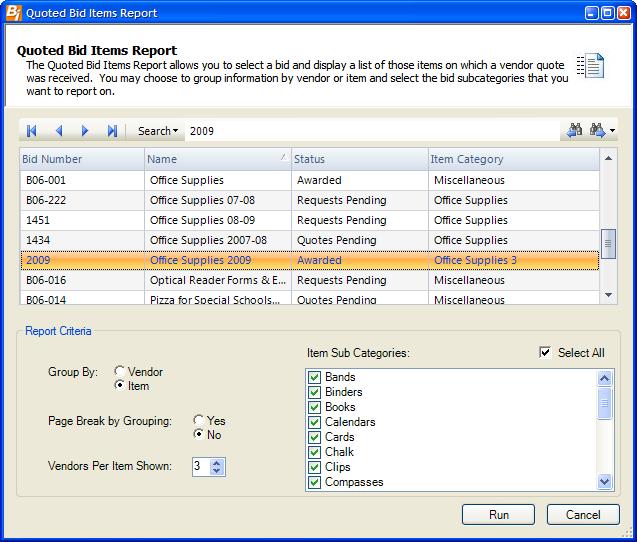 Bid Reports Quoted Bid Items The Quoted Bid Items Report allows you to select a bid and display a list of those items on which a vendor quote was received.