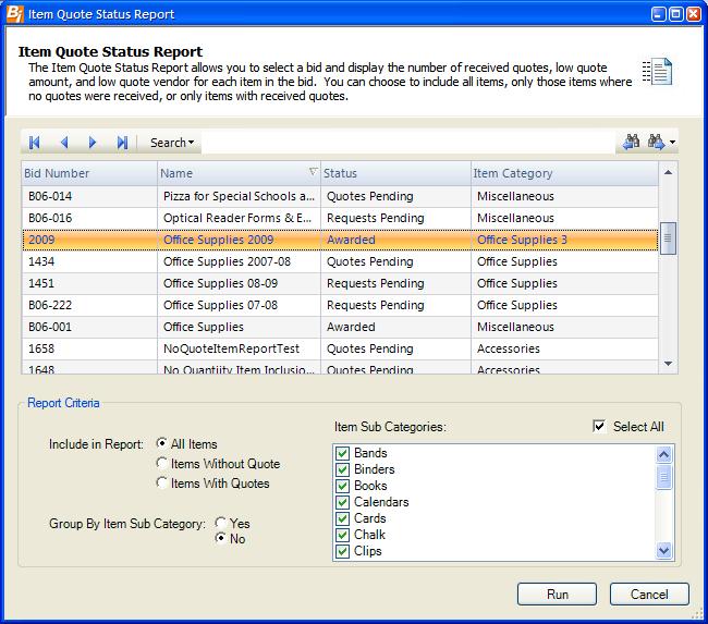 Bid Reports Item Quote Status The Item Quote Status Report allows you to select a bid and display the number of received quotes, low quote amount, and low quote vendor for each item in the bid.
