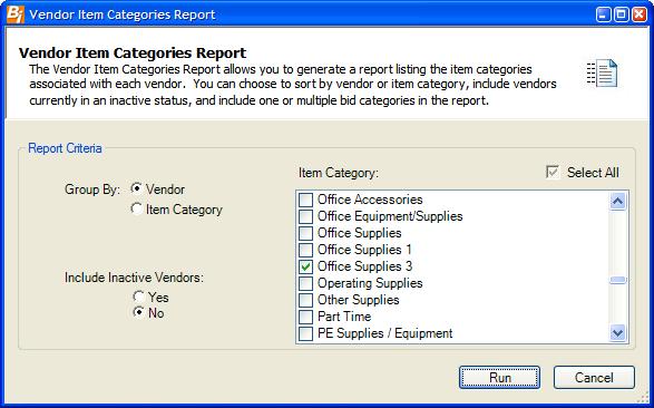 Bid Reports Vendor Item Categories The Vendor Item Categories Report allows you to generate a report listing the item categories associated with each vendor.