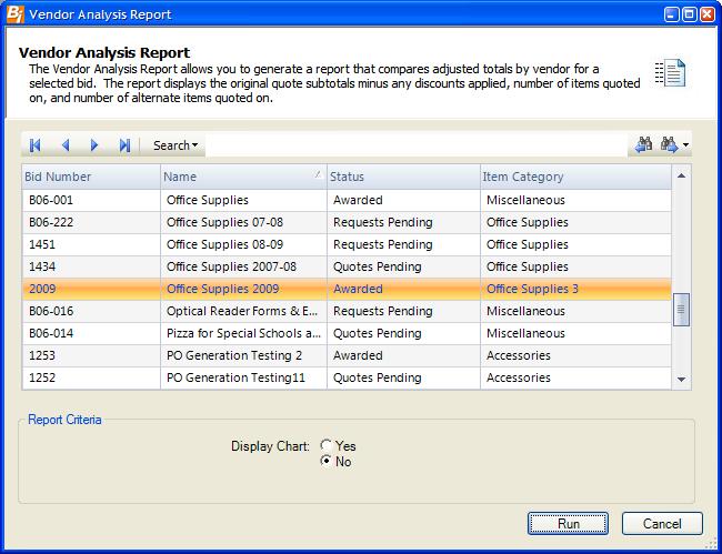 Bid Reports Vendor Analysis The Vendor Analysis Report allows you to generate a report that compares adjusted totals by vendor for a selected bid.
