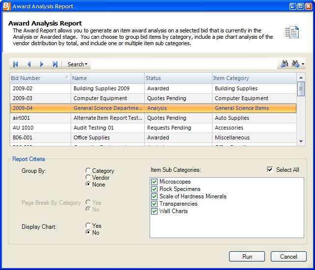 Bid Reports Award Analysis Report The Award Analysis Report allows you to generate an item award analysis on a selected bid that is currently in the Analysis or Awarded stage.