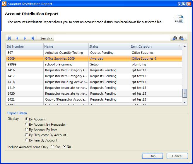 Bid Reports Account Distribution The Account Distribution Report allows you to print an account code distribution breakdown for a selected bid. Access to Account Distribution Report 1.