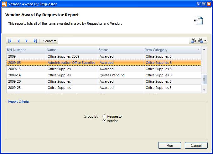 Bid Reports Vendor Awards by Requestor The Vendor Awards by Requestor Report provides an analysis of those items awarded in a bid by requestor and vendor.