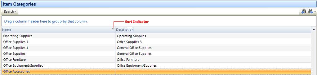 Click once in a column header to reverse the sort of data in that column. The illustration below shows Items sorted in ascending numerical and alphabetical order by Description.