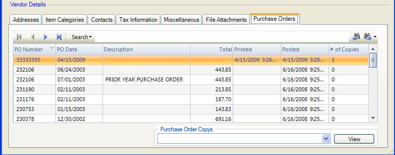 Click the Purchase Orders folder to view the various manual and computer purchase orders for this vendor.