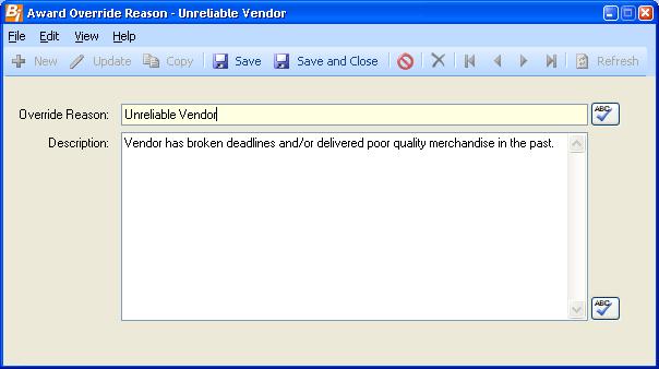 Bidding Setup Field Override Reason Description (REQUIRED) The code (up to 50 positions) that uniquely identifies the override reason.