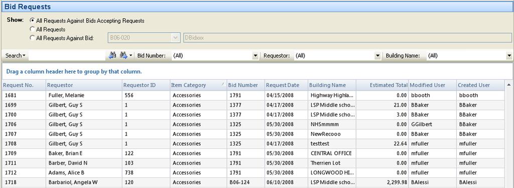 Bid Entry Bid Requests Once a bid is in a REQUESTS PENDING status, requestors can enter requests against those bids.