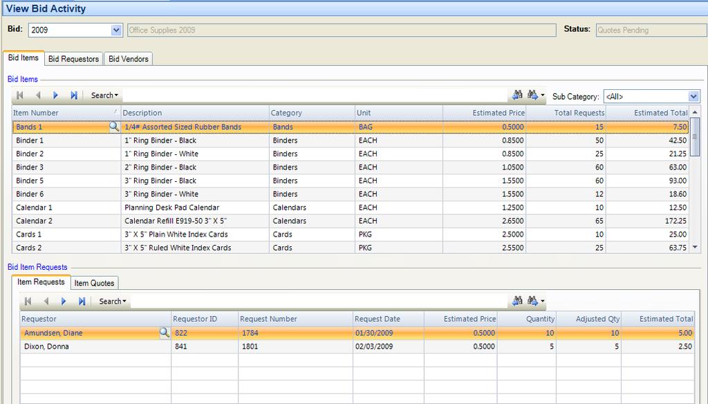 Bid Entry View Bid Activity The View Bid Activity routine provides an analysis of all the activity related to any bid in any current status (Setup, Quotes Pending, Awarded, etc.).