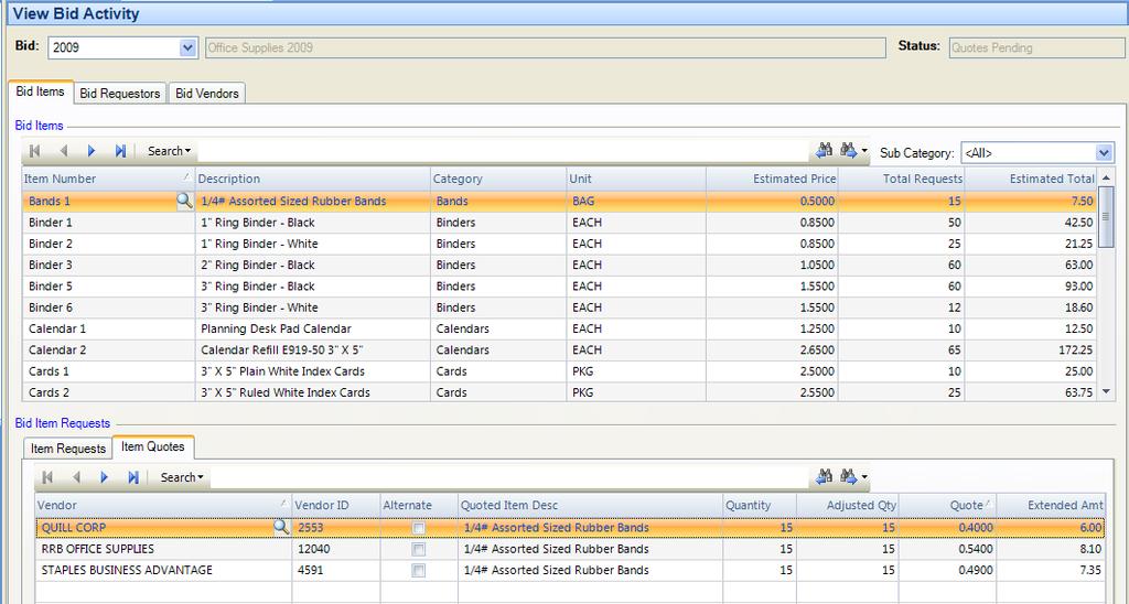 Bid Entry Double-click on any name in the Vendor listing at the bottom of the window OR right-click on the vendors name and choose the Show Quote option to display the original vendor response record