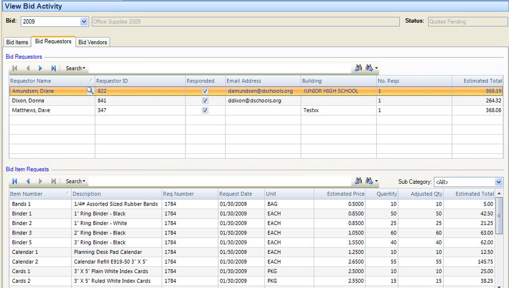 Bid Entry Bid Requestors Folder The Bid Requestors folder provides a listing of bid requestors and bid item requests.