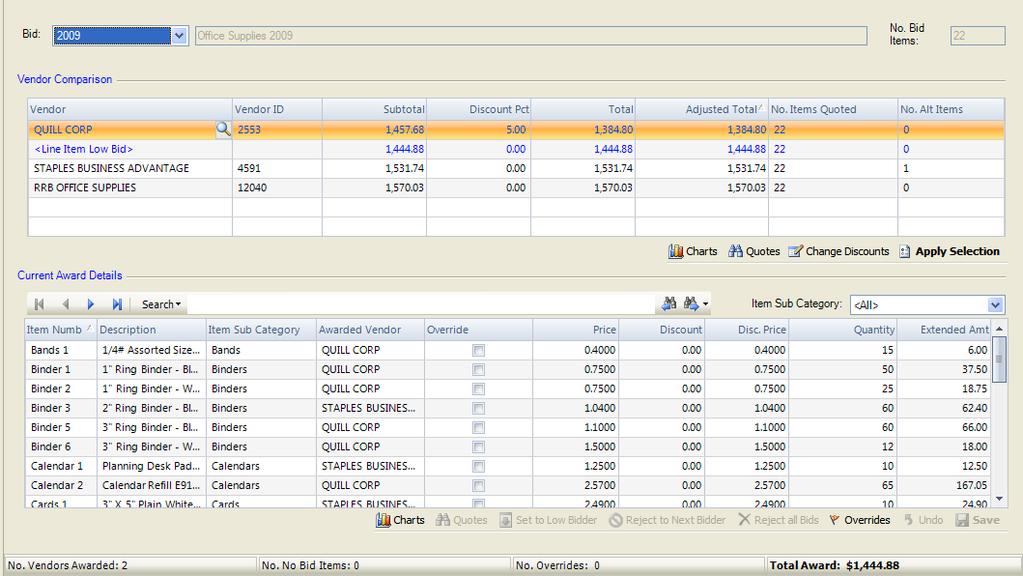 Bid Entry Award Analysis The Award Analysis routine allows you to look at any bid that is currently in an ANALYSIS or AWARDED status and review all vendor quotes for the bid and how the quotes