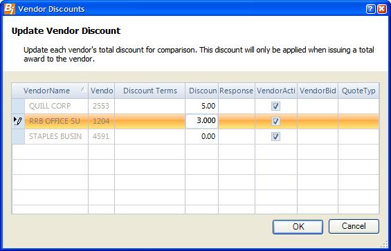 Bid Entry Update the appropriate vendor total discount to compare costs. Note that this discount will only be applicable when issuing a TOTAL AWARD to the vendor.