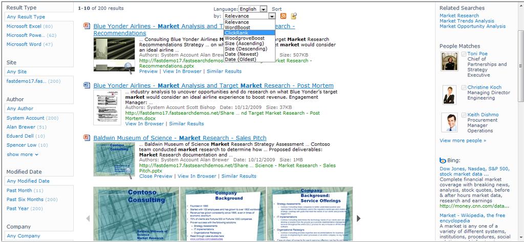 Enhanced Search Results Figure 4 shows a typical results page in a FAST Search Center. Figure 4. Enhanced Search Results Page Notice how the overall results experience is very similar to, but more powerful than the results provided by SharePoint Server 2010.