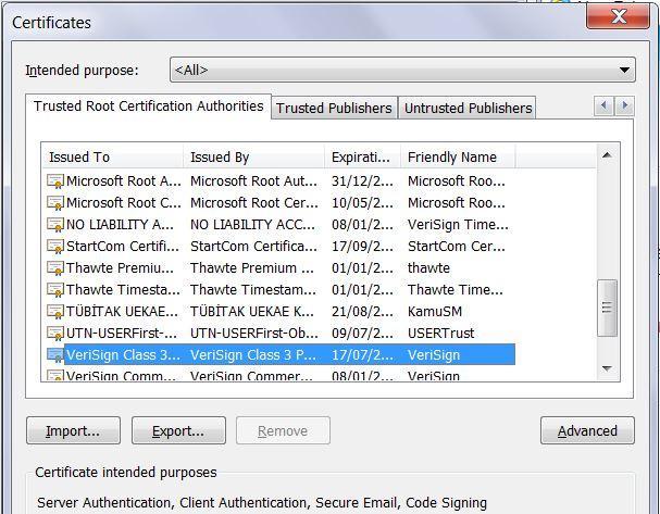 Trusted root CAs: Example: IE