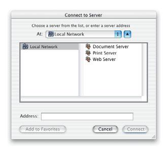 Accessing network servers When you choose Connect To Server from the Go menu (in the Finder), this dialog appears. Choose a recent server from this pop-up menu.