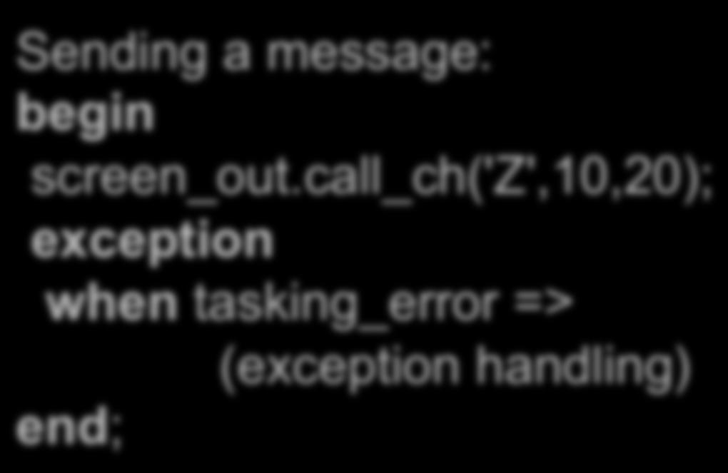 .. select accept call_ch... do.. end call_ch; or accept call_int... do.. end call_int; end select; Sending a message: begin screen_out.