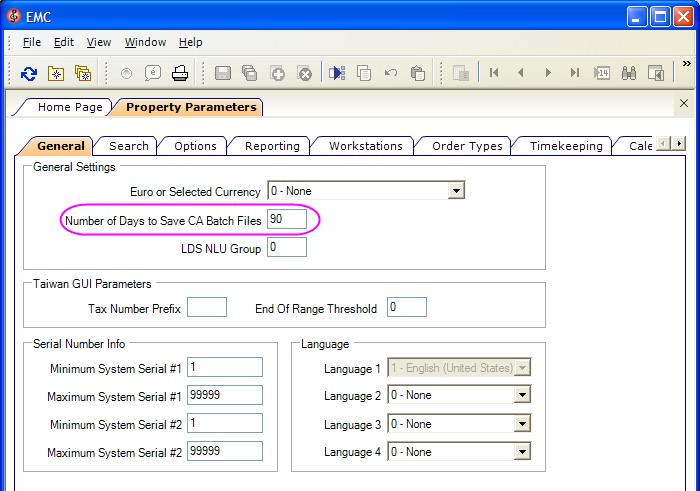 Protect Cardholder Data To configure credit card batch purging, navigate to the General tab of the Property Parameters module, as seen below.