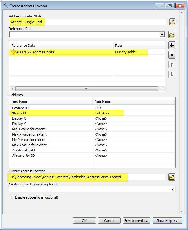 Fill out the Create Address Locator Dialog Box as shown below remember that the Cambridge AddressPoints GIS data set had a single field in its attribute table for the