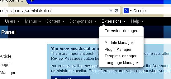 Membina Laman Web Menggunakan Joomla! 3.2.6 Menu Extensions Rajah 40 Paparan Extensions Jadual 3.5 Menu Extensions Joomla! Menu Extensions Joomla! Penerangan Extension Manager Skrin Pengurus Extensions.