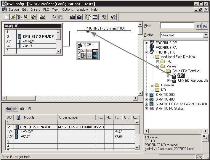 2. Commissioning 2.6.2 Select CPX terminal (station selection) 1. Start the PROFINET hardware configuration in your configuration and programming software (e.g. HW Config in Siemens STEP 7).