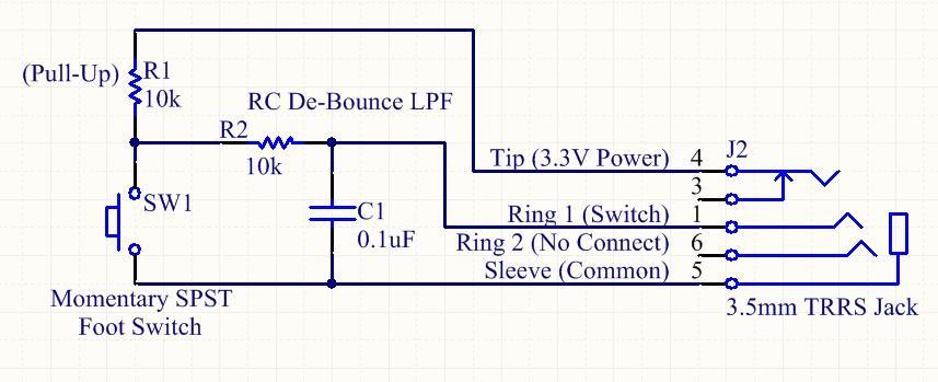 The circuit for the 1/4 TS output is shown in the following figure: The 1/8 TRRS output, which interfaces with the One Series control input, needs to be more than a simple switch; a pull-up resistor