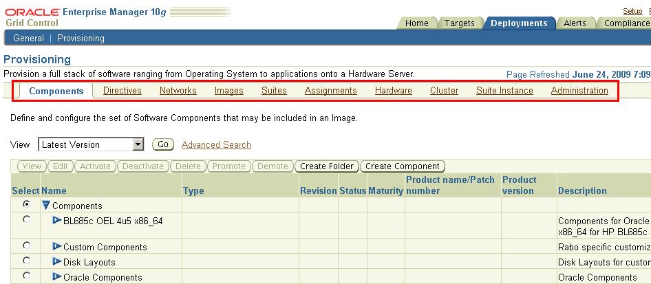 Figure 4 Software library presented in OEM console Tab Page Contents Purpose Components Files Deployment procedures Golden images Baselines (Ingredients) Directives Logic Deployment procedures o