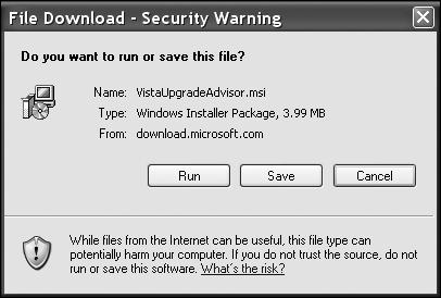 Preparing for Installation chapter 1 The File Download - Security Warning window appears. 5 Click Run. PART I 5 The Upgrade Advisor downloads to your computer. 6 Click Run.