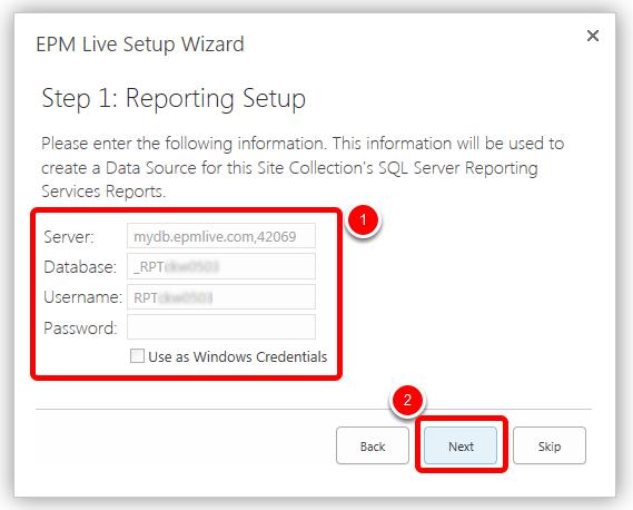 1.1 Step 1: Reporting Setup The Setup Wizard next creates the data source to be used for the SSRS (SQL Server Reporting Services) reports.