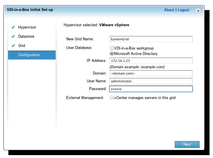Creating and Configuring the Grid 3. In User Database, select VDI-in-a-Box workgroup or Microsoft Active Directory.