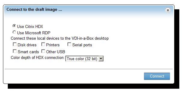 In the Citrix VDI-in-a-Box Log in dialog box, provide user credentials for the image and click Log in to log on to the image through an HDX connection.