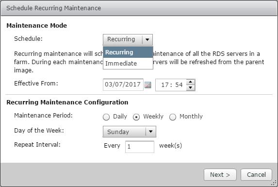 Recurring Maintenance Automated Maintenance Scheduled Maintenance. Daily, weekly, monthly. Regularly delete and recreate the RDSH Instant Clones. Can update to a new Master snapshot.