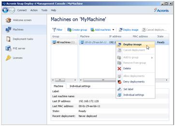 Deploying the master image On the machine where you installed Acronis Snap Deploy 4, do the following: 1. Attach the USB hard disk drive with the master image to the machine.