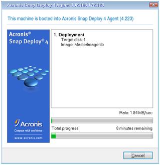 Viewing the deployment progress on the machine with Acronis Snap Deploy 4 Viewing the deployment progress on the target machine What you can do next In the navigation pane, you can open the
