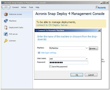 Acronis PXE Server Acronis Snap Deploy 4 Management Agent Once connected, you can manage the Acronis server or perform operations by using Acronis Snap Deploy 4 Management Agent.
