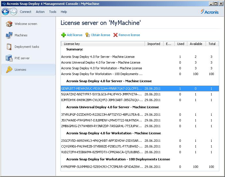 3. Click Add License. 4. In the Add Licenses window, type the license key or the path to a.txt or.eml file containing the license keys; or, you can browse to the file. 5. Click Add. Acronis Snap Deploy 4 License Server performs the operation and reports the number of newly-added licenses.